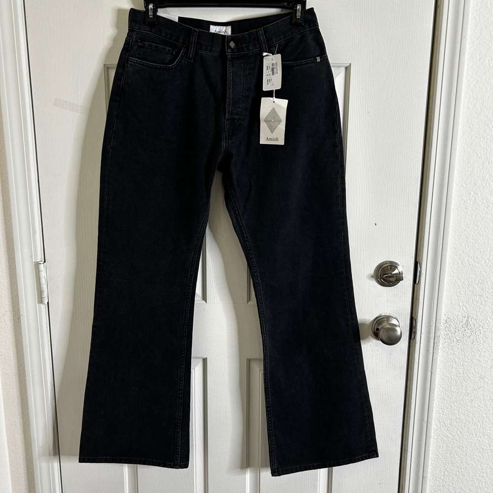 NWT‎ Amish Donna Denim Jeans Women 32 Black Stretch Flare Wide Leg High Rise